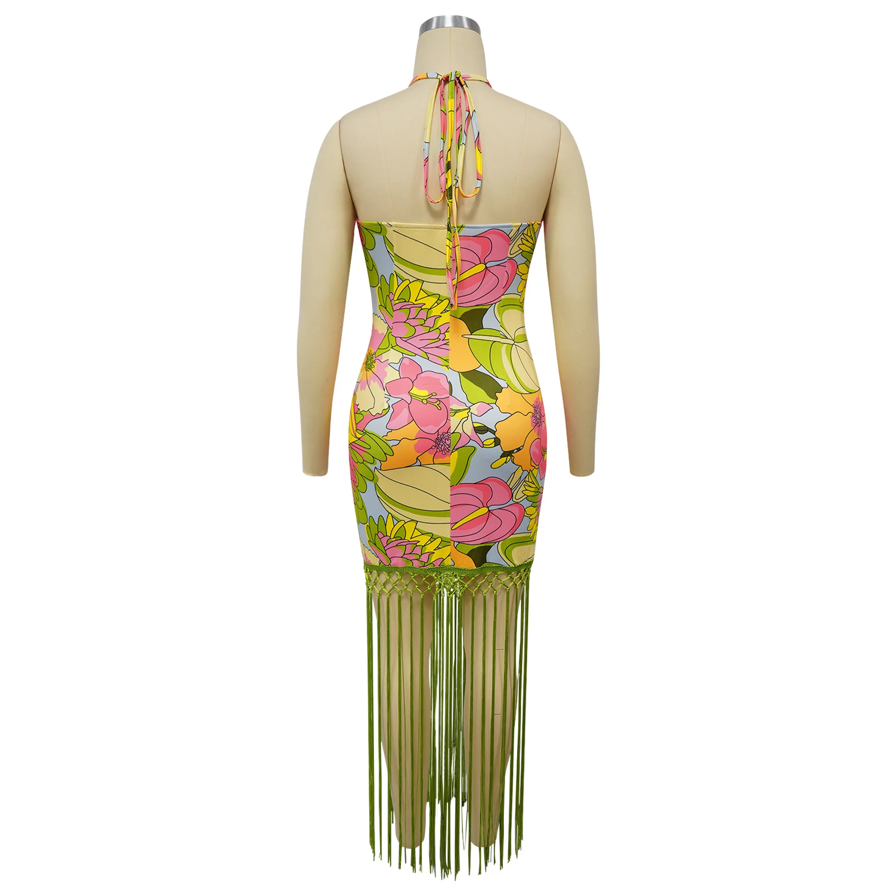 Abito da donna sexy con frange stampate senza maniche con scollo all'americana 2025 Abiti lunghi maxi da sera per feste estive in spiaggia e compleanno