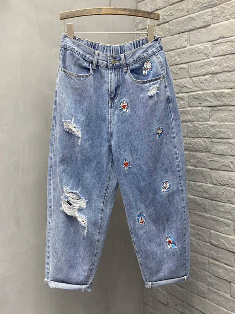 

Женские джинсы большого размера с вышивкой и рваными элементами, свободные, с высокой талией, укороченные, в стиле Харлан, повседневные летние джинсы