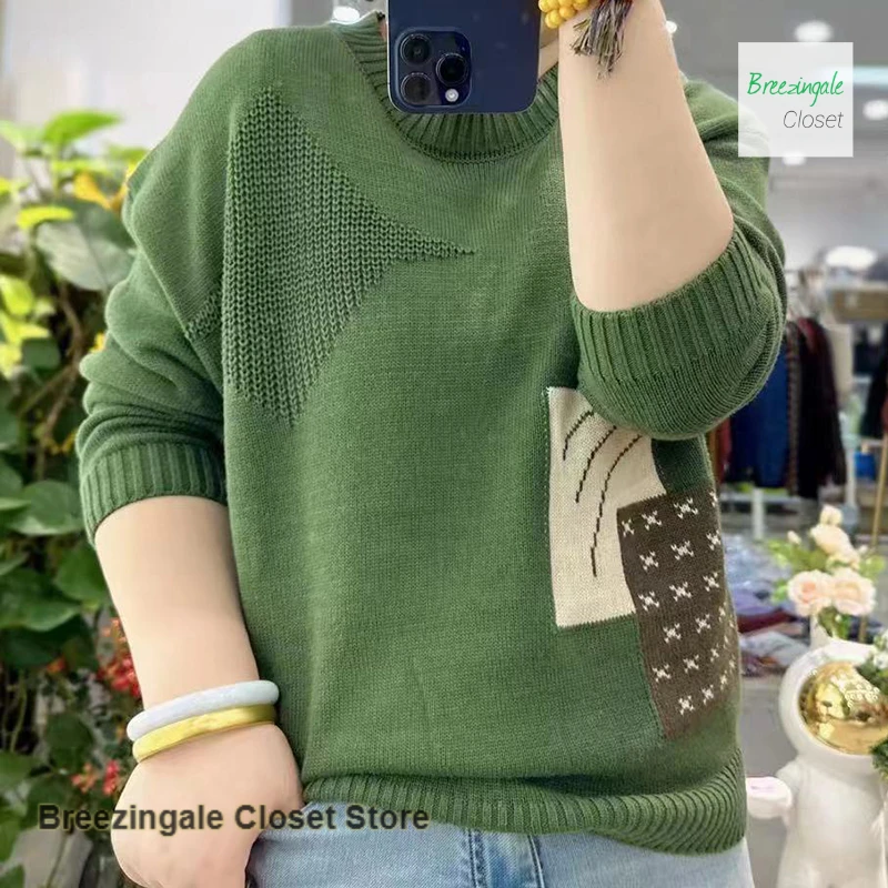 

French round neck national wind jacquard pullover sweater women's autumn and winter temperament fashion loose casual sweater