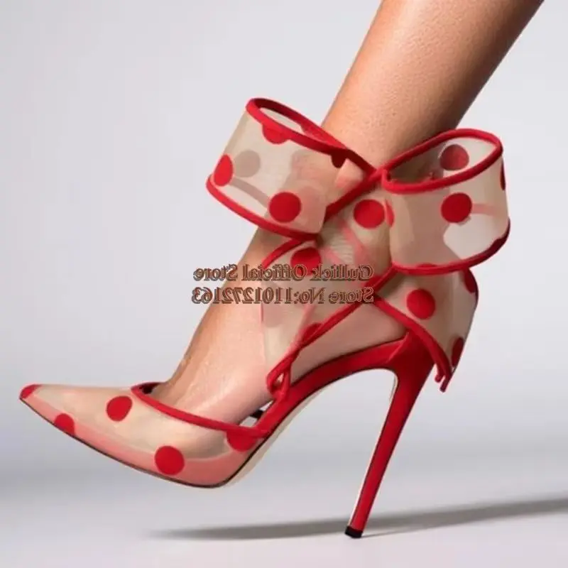 أنثى البولكا نقطة فراشة عقدة عالية الكعب مضخات واضح شبكة أشار تو كبير الكاحل حزام جوفاء رقيقة الكعوب النساء مأدبة الأحذية #3