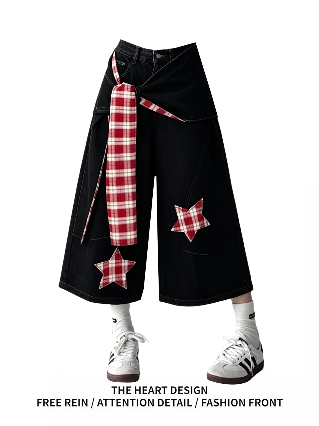 

High Waist Wide Leg Jeans Women's Style Retro Washed Denim Short Pants with Stars And Plaid Design Casual Spring Summer