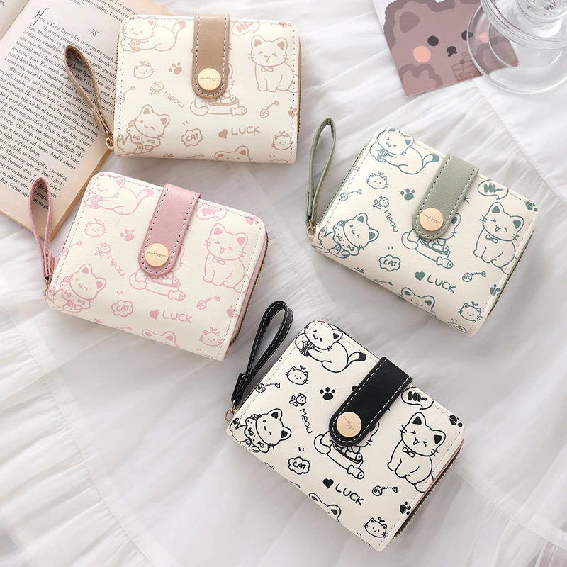 Short Wallet Card Holder Id Card Holder Student Coin Purse Coin PouchMinimally Designed Cat Printed Buckle Wallet for Woman