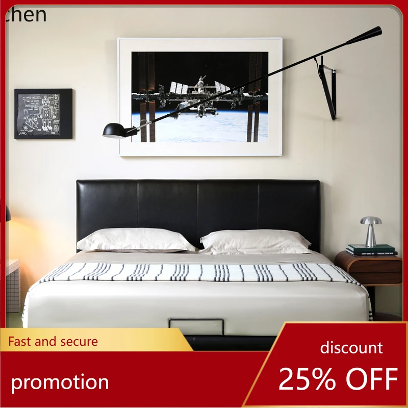 

ZML Vintage Retro Style Full Edge Genuine Leather Double Bed with Soft Thin Backrest