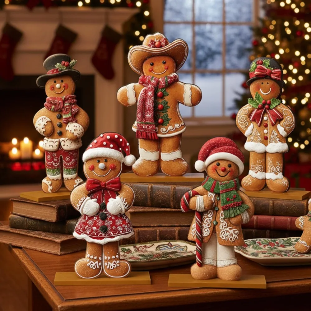 5-piece Christmas gingerbread figurine wooden tabletop ornament easy to assemble independent Christmas dining table centerpiece