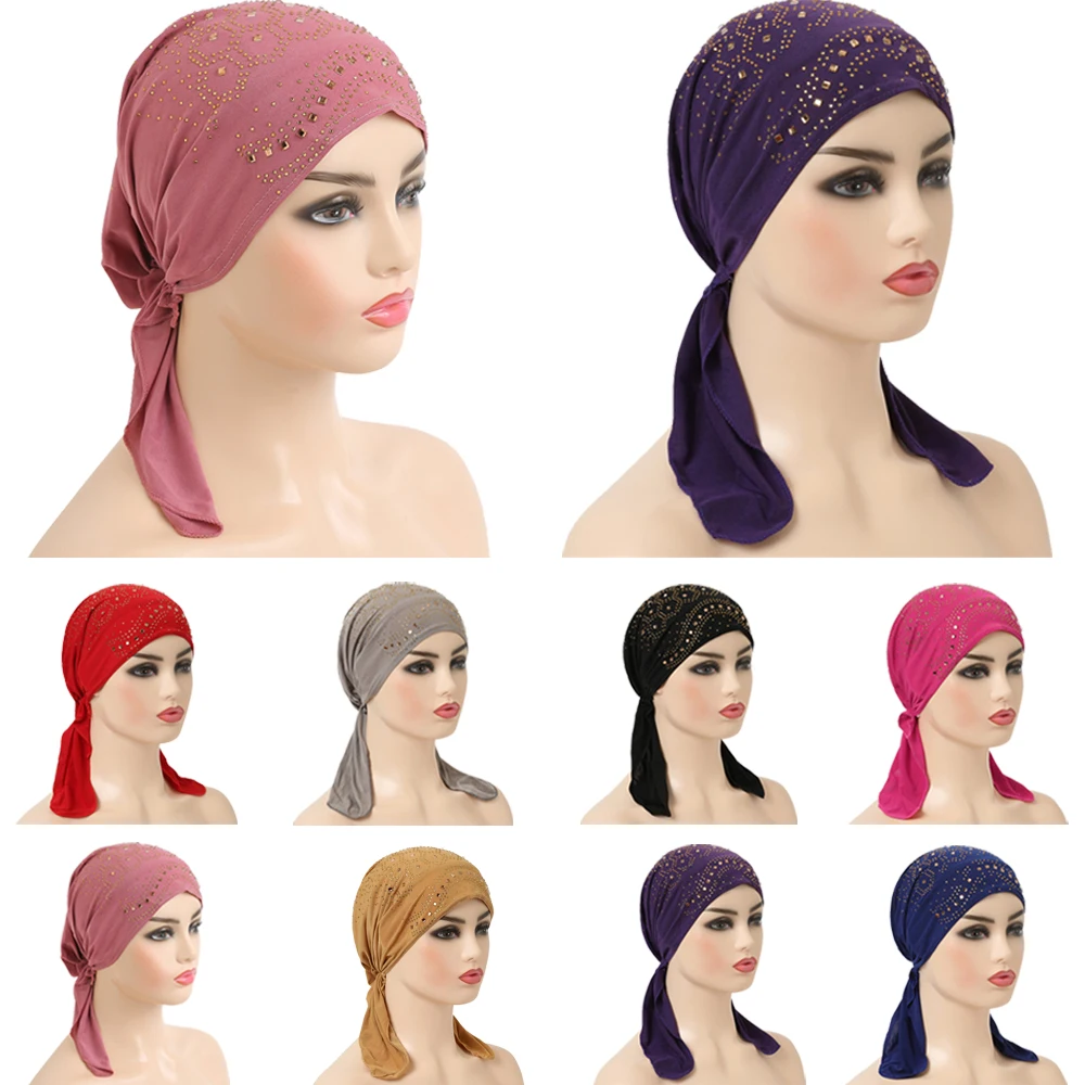 Pre-Tied Rhinestone Muslim Inner Hat Hijab Chemo Cap Women Headwear Underscarf Islamic Head Wrap Bonnet Hair Loss Long Tail Caps