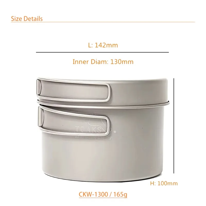 TOAKS Titanium Cookware 1300ml Pot, Camping Equipment Bowl Pot Set with Folding Handle Hiking Outdoor Tableware CKW-1300