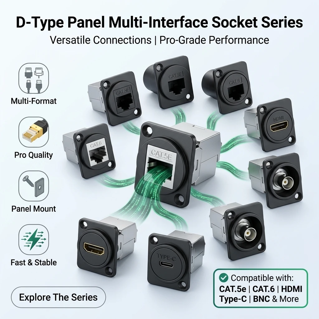 

D-type RJ45 Network Module Panel Connector 8P8C Metal Housing Copper Pins Female Socket CAT6 CAT6A Shielded Crimping Module