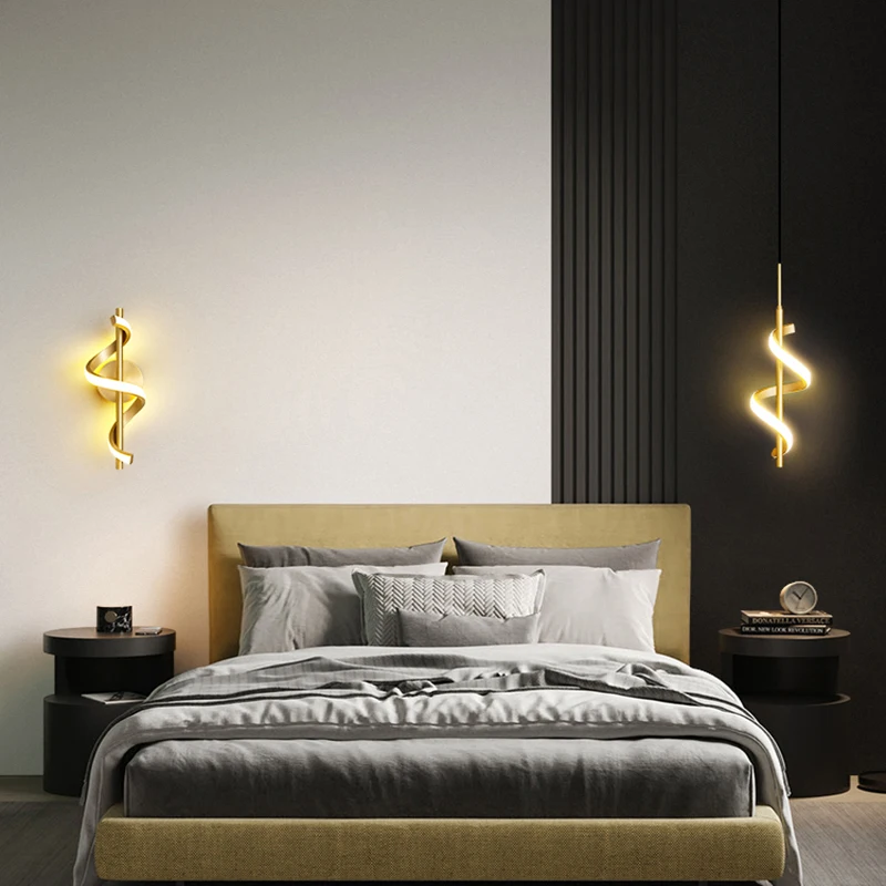 Modern Creative Led Pendant Lamp Bedroom Bedside Home Decoration Indoor Hanging Light Fixture Spiral Gold Black Gloss