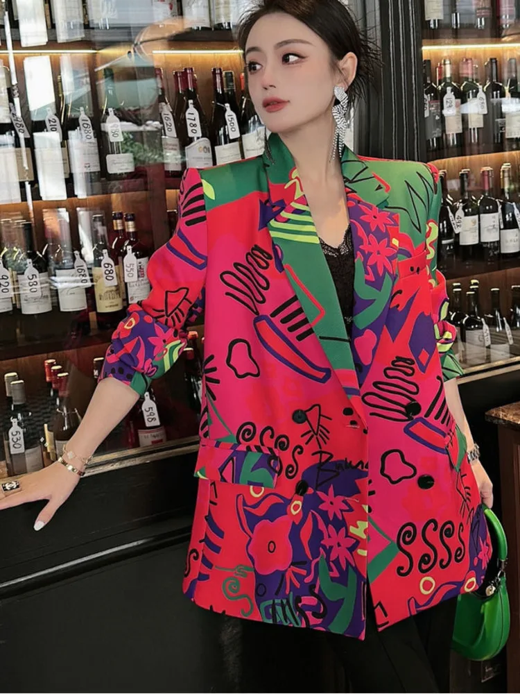 Blazer Women Korean Fashion Long Sleeve Printing Casual Lapel Chic High Street Elegant Temperament Women Blazer Streetwear