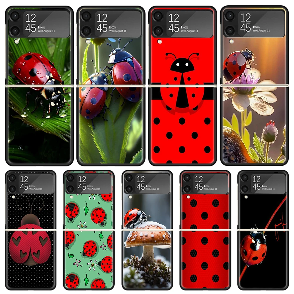 Funda de teléfono con diseño de insectos para Samsung Galaxy, carcasa negra con diseño de mariquita y Seven-Star para modelos Z Flip6, 5G, Flip4, Flip5, Flip3, Z Flip 6, 5, 4 y 3 PC