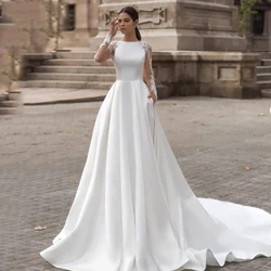 Elegant Satin Wedding Dresses Long Sleeve Lace Bride Gowns Illusion Back Covered Back Vestido De Novia Simple Women's Customized