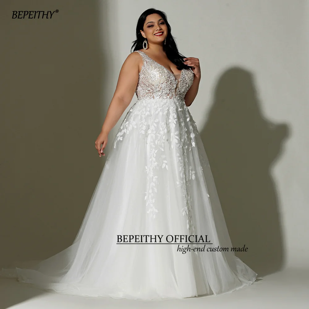 BEPEITHY-vestido de novia bohemio de encaje personalizado, vestido de novia bohemio de talla grande sin mangas de corte A marfil con cuello en V, vestido de novia curvo blanco 2022