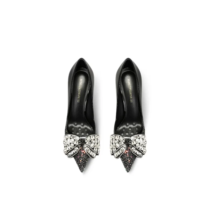 كعب ستيليتو من الجلد الطبيعي باللون الأسود مع فيونكة من حجر الراين لفستان الحفلات 2025 #1