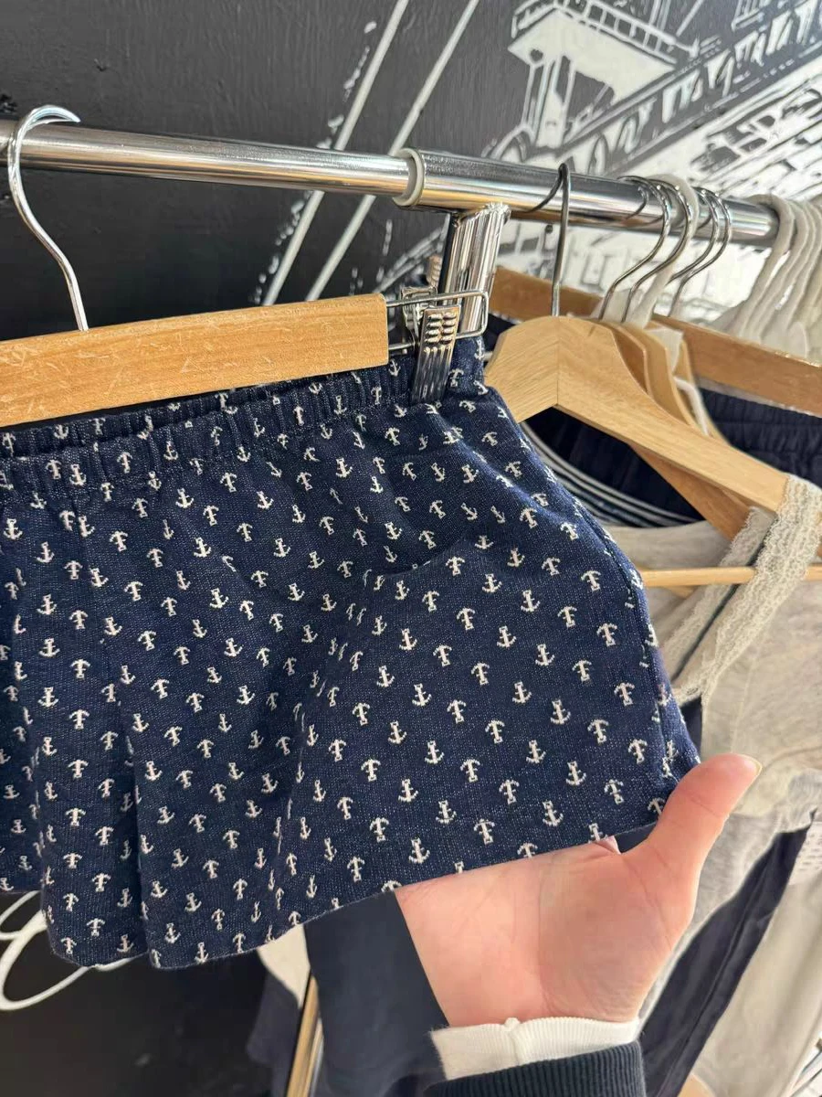 Pantaloncini dritti con stampa geometrica Donna Estate Nuovi pantaloncini sportivi elastici a vita alta blu scuro Pantaloni corti da casa in cotone vintage casual Y2k