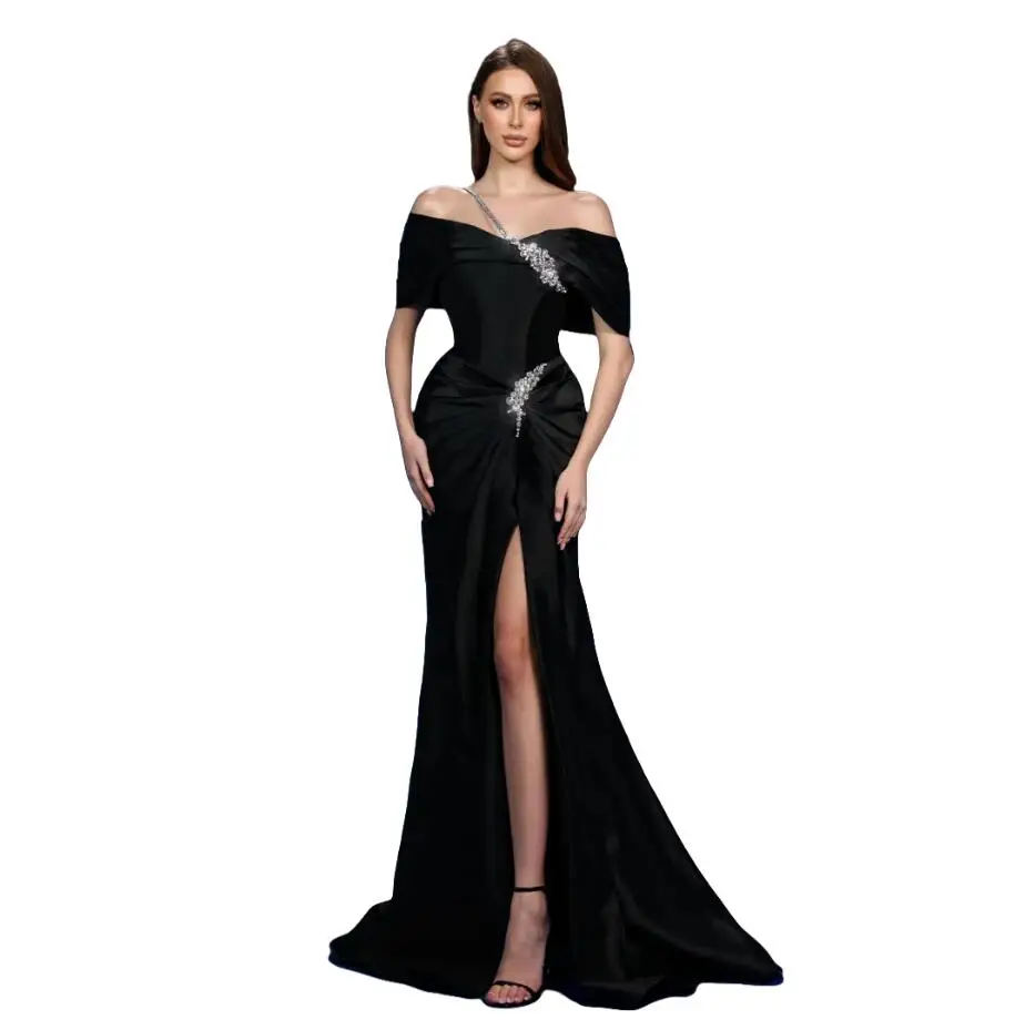 

Satin Evening Dresses for Women Off the Shoulder Maxi Gown Pleated Crystals vestido de novia Side Slit Prom Dress Customized