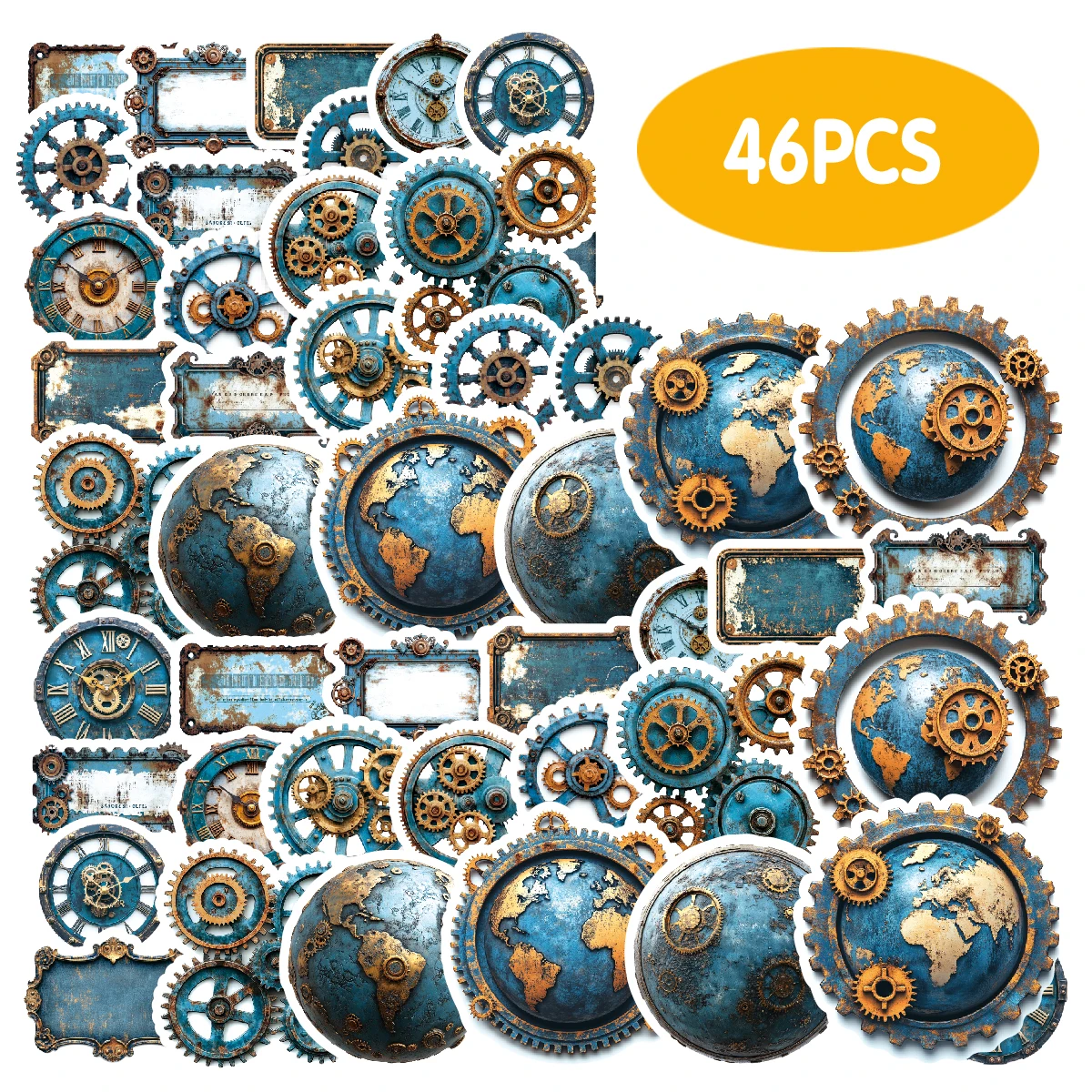 46pcs Blue Globe and Gear Metal Stickers for Laptops, Water Bottles, Suitcases, Phone Cases, Kids Stickers, Small Gifts