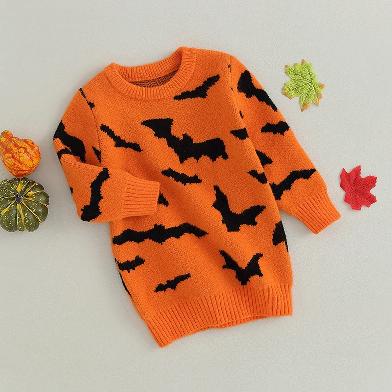 Pull à col rond en tricot confortable pour enfants, pull avec motif de chauve-souris pour Halloween, vêtements d'hiver chauds pour garçons et filles