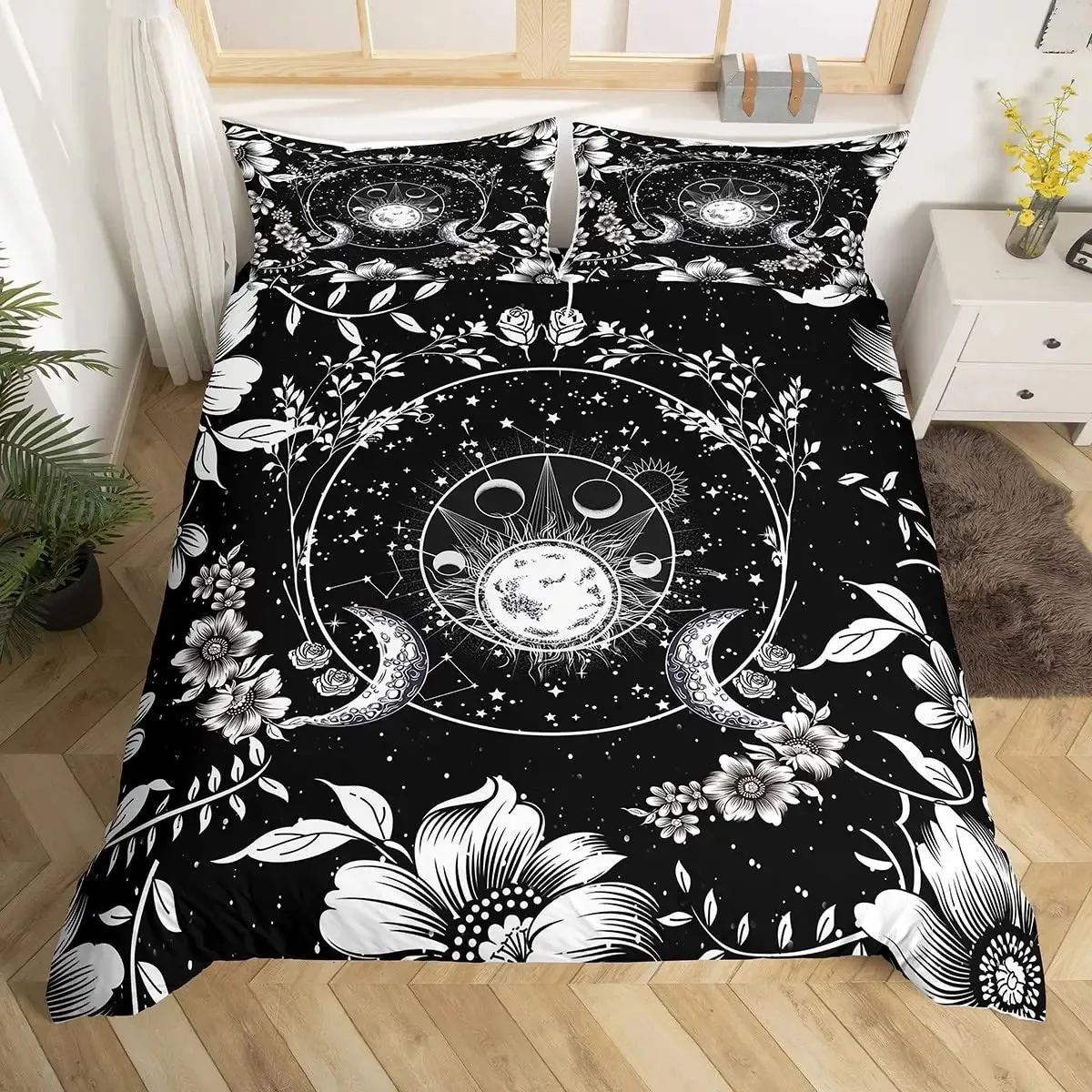 Death Moth Duvet Cover Set Skull Bedding Set Snake Mandala Moon Phase Comforter Cover Trippy Skeleton Quilt Cover Set Queen Size