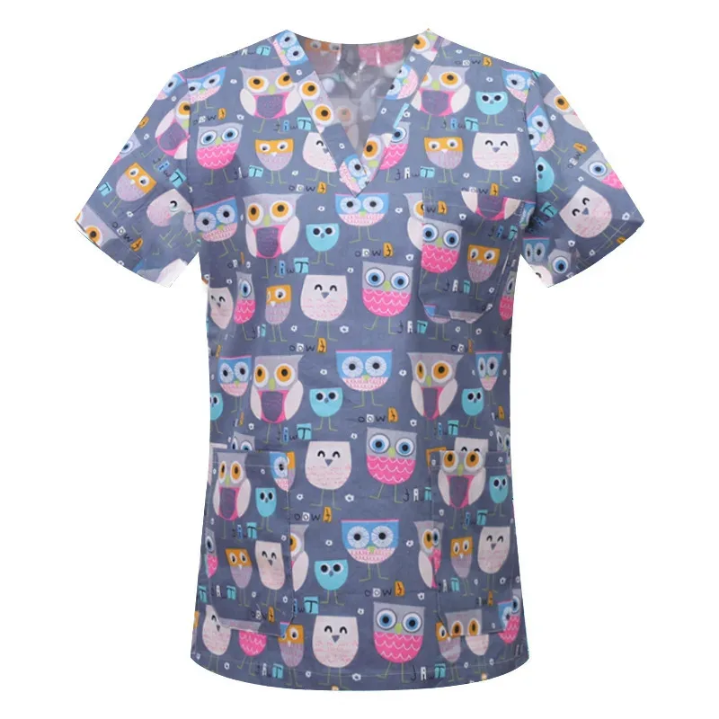 Pet Clinic Vet Work Uniforms Women Nurse Accessories Animal Printed Hospital Doctor Nursing T-Shirt Medical Scrubs Clothes Tops