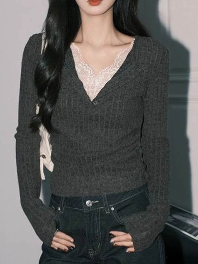 

2025 Gray Lace Fake Two-piece V-neck Sweater Female Sexy Slim Long-sleeved Bottoming Outer Tops