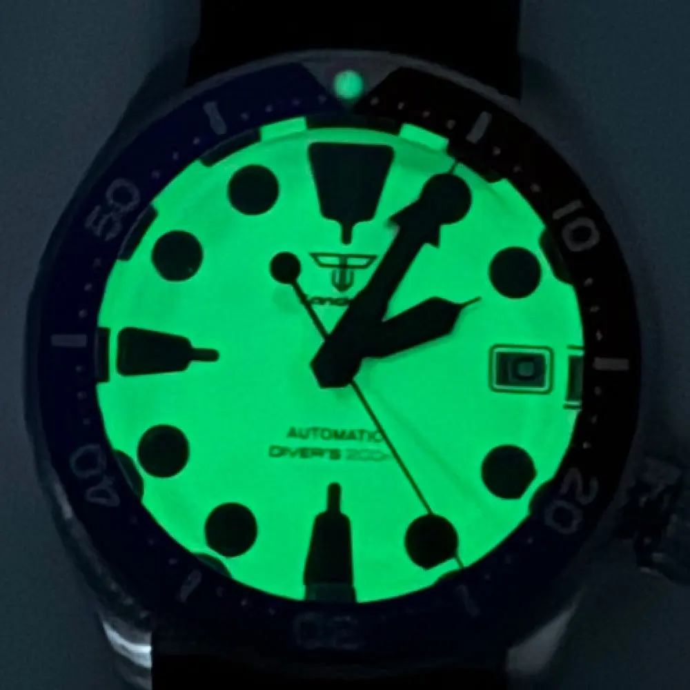 Tandorio 37mm SKX Diver Watch NH36 Mechanical Men Watches Full Green Luminous Dial Weekday Date 200m Waterproof 3.8 Crown