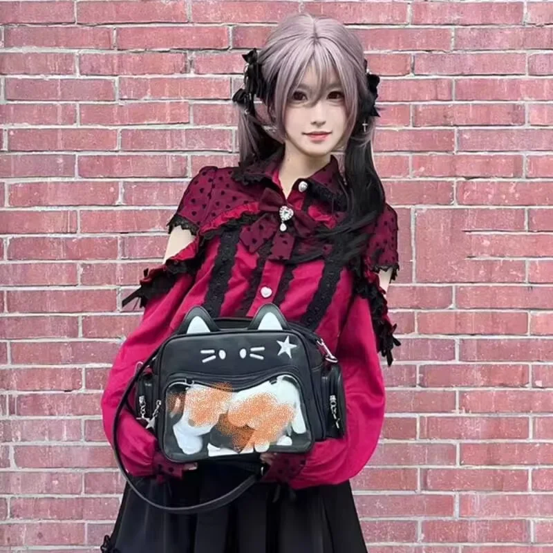 New Y2K koreańskie Kawaii Cat Ita Bag śliczny torba na ramię z PU dziewczęcy przezroczysta kieszeń torba Crossbody Harajuku damska moda plecaki — zdjęcie 4