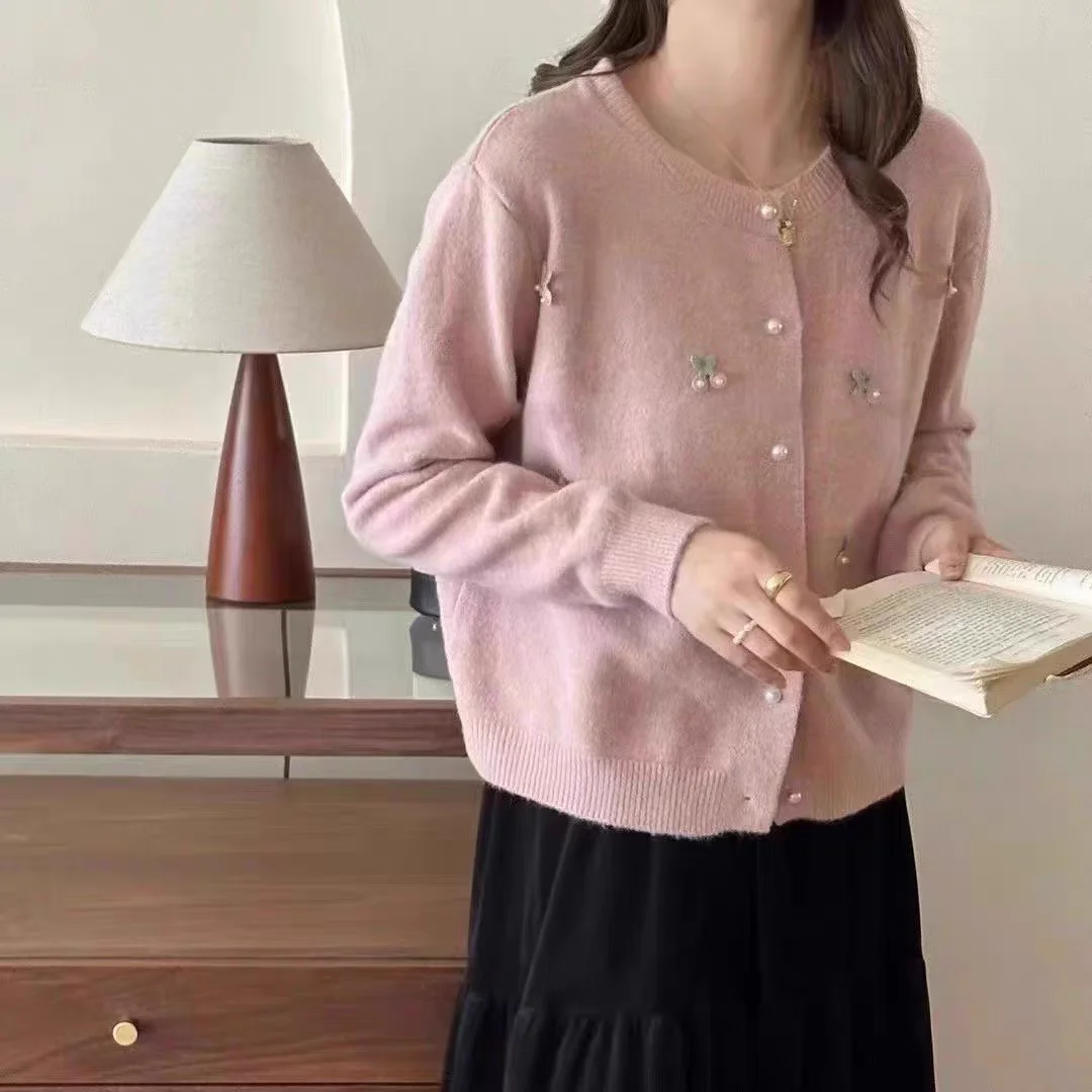 

Шикарный антивозрастной 3D вязаный открытый кардиган вишневого цвета, женский осенне-зимний новый корейский нежный мягкий свитер Ele