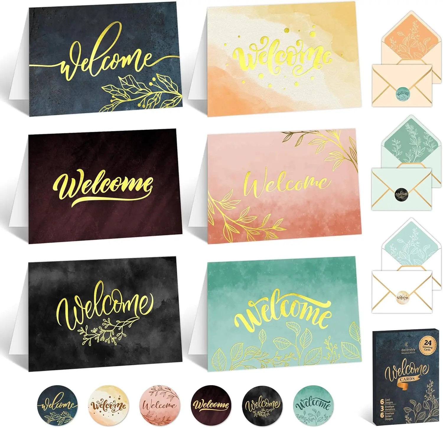 

24 Pack Gold-Foiled 6x4in Welcome Cards with Envelopes and Stickers, 6 Elegant Designs Welcome Cards for Guests, Blank Inside -