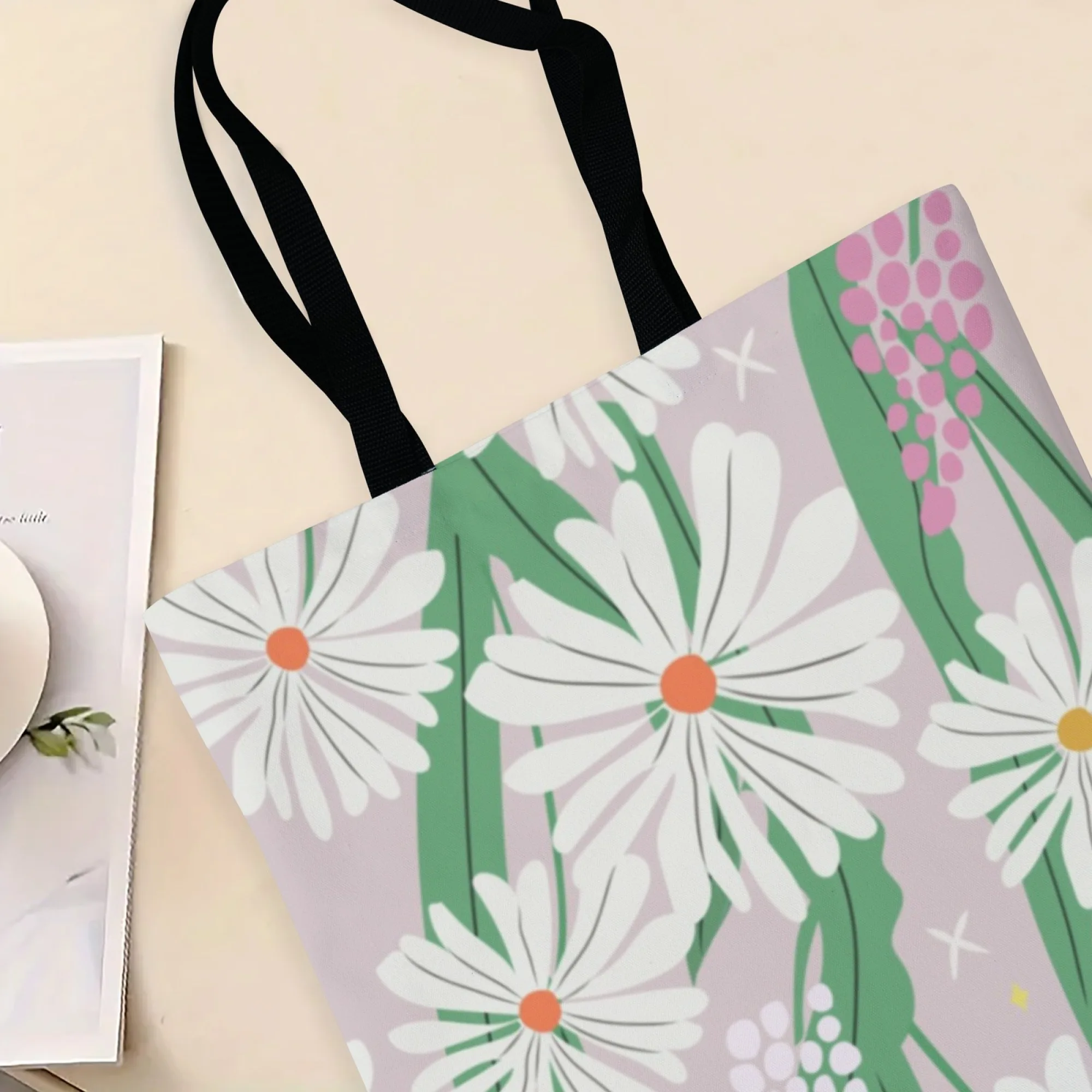 Korean Fresh Floral Trend Canvas Tote Bag Pink Daisy Print Bag for Women Perfect for Nature Enthusiasts Daily Commute & Street