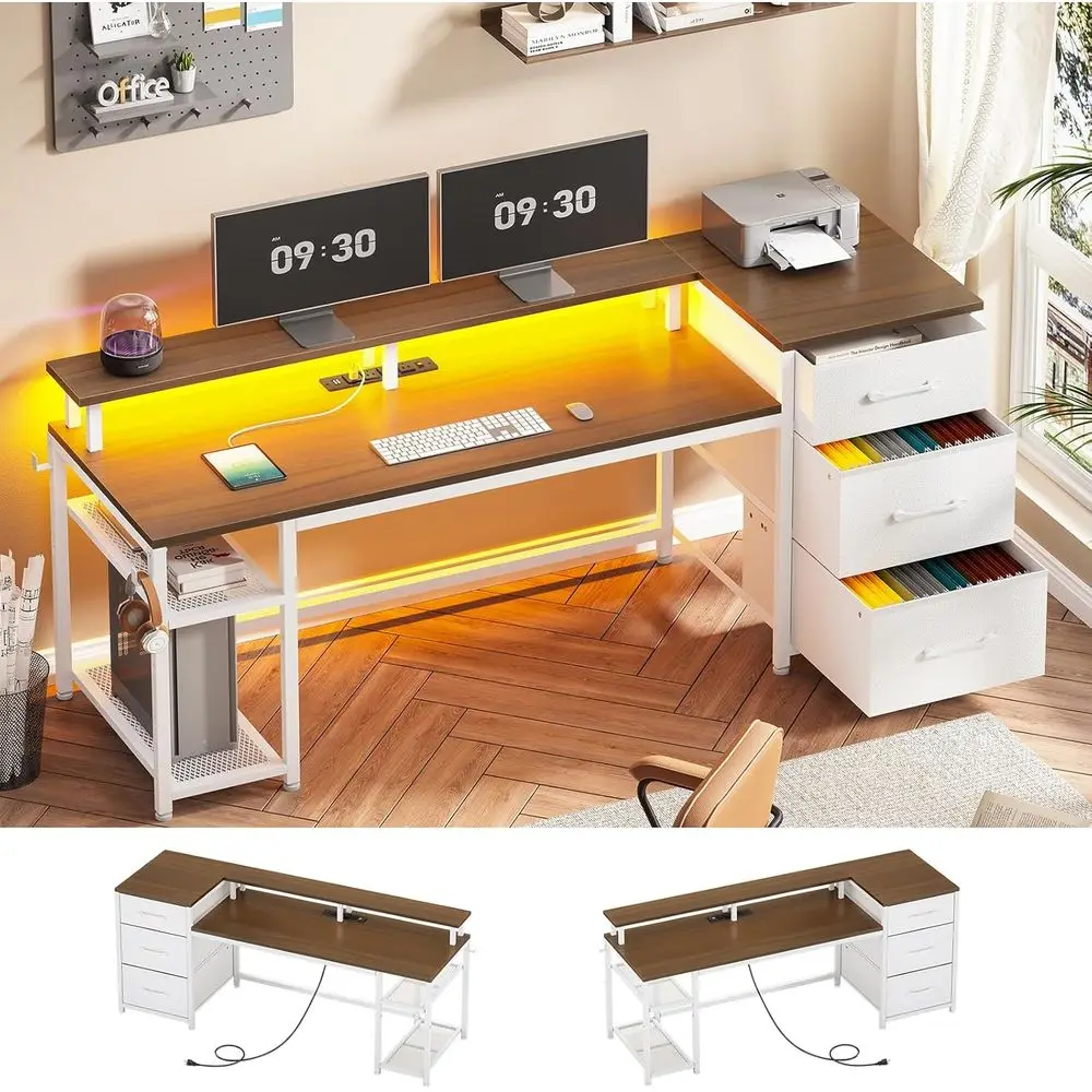 

59" Oice Desk with Ders, Reversible Computer Desk with ile Ders & Storage, Gaming Desk with LED Lights & Power Outlet, Home Oice