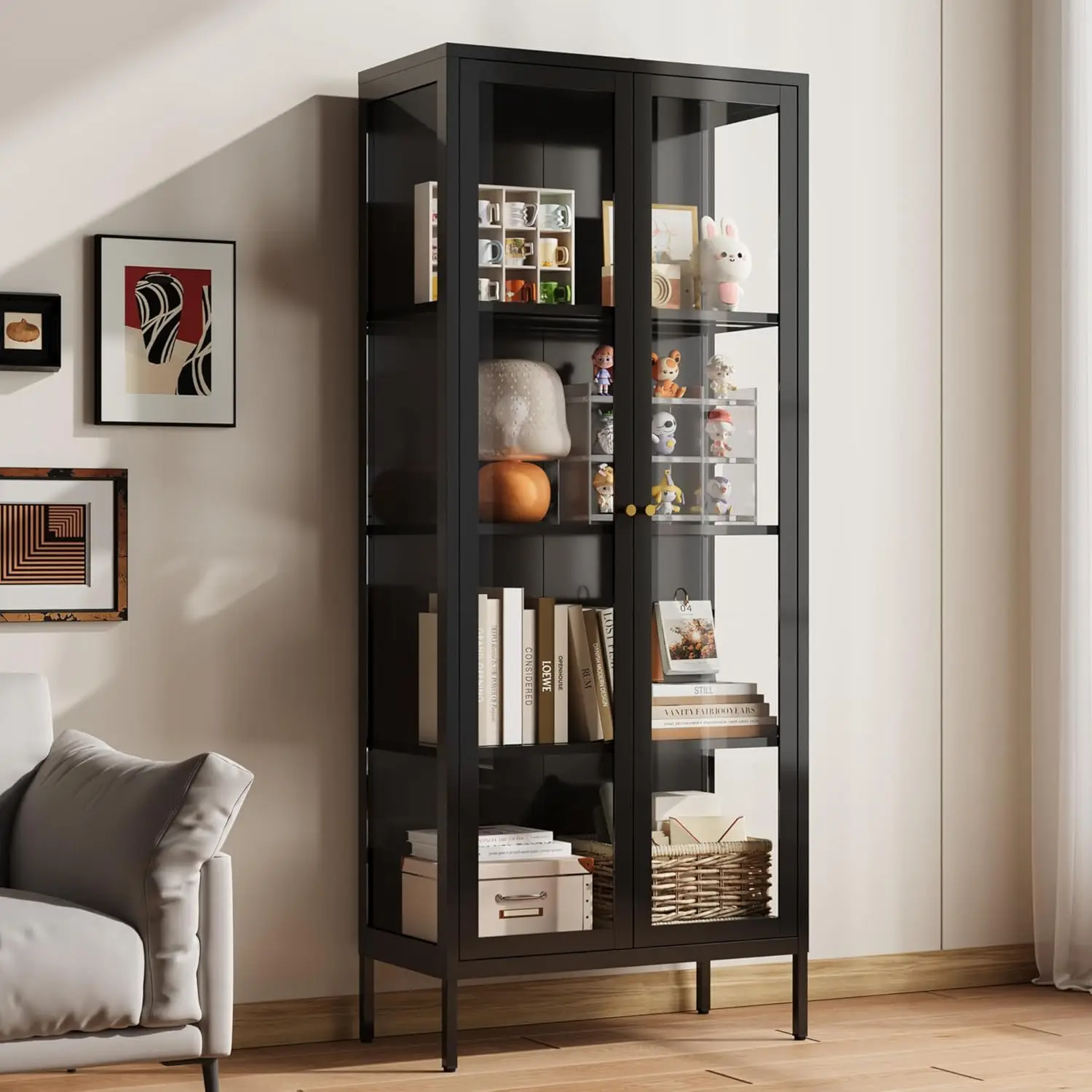 

Glass Display Cabinet, 66" Tall Metal Storage Cabinet with Doors and Adjustable 3 Shelves, Black Curio Glass Showcase, Pantry