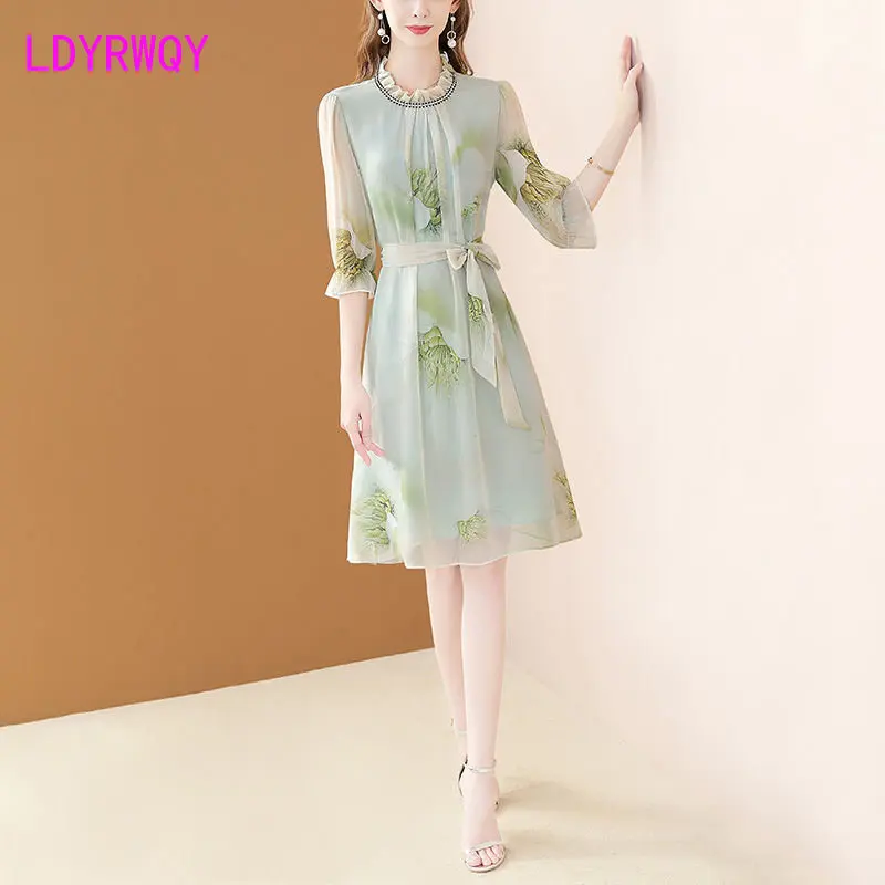 

Artificial silk dress women's summer 2023 new temperament diamond studded wood ear collar lace-up thin A-line skirt