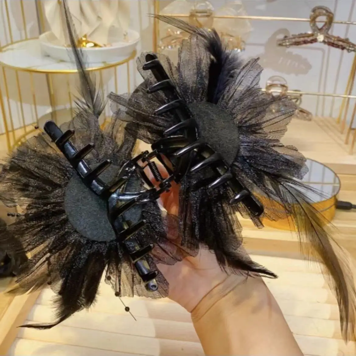 Female Black Flower Mesh Decorate Shark Hair Claws ladies New Hair Headwear Accessories  Fashion Versatile for Women Girls