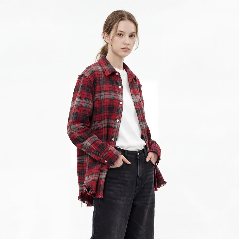 

2025 Autumn/Winter New Design Unisex Flared Collar Long-Sleeved Check Shirt with Weathered Edges for Women