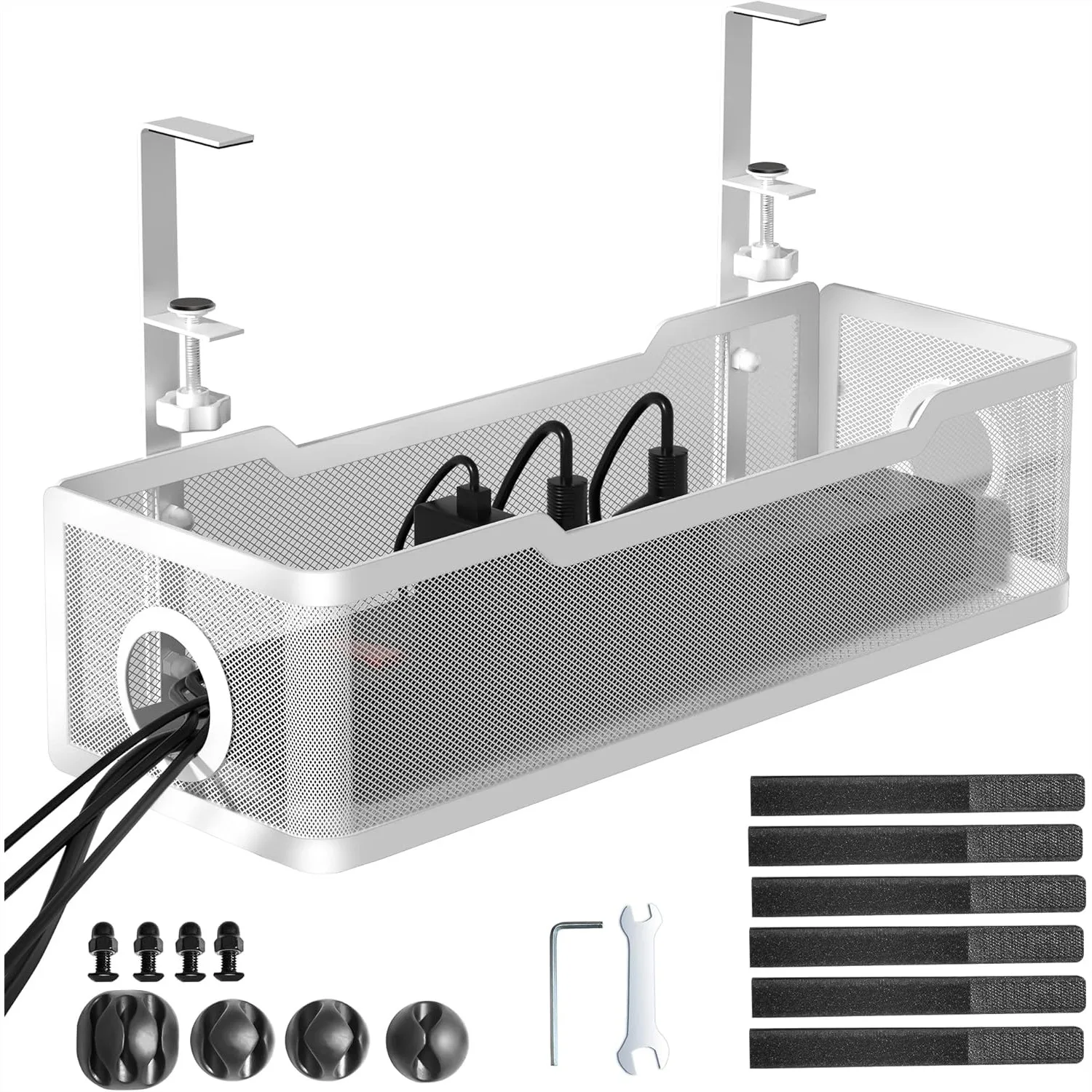 

Under Desk Cable Management Tray White, Wire Organizer No Drill, Cable Tray with Clamp for Desk, Cord Organization Box for Office Home