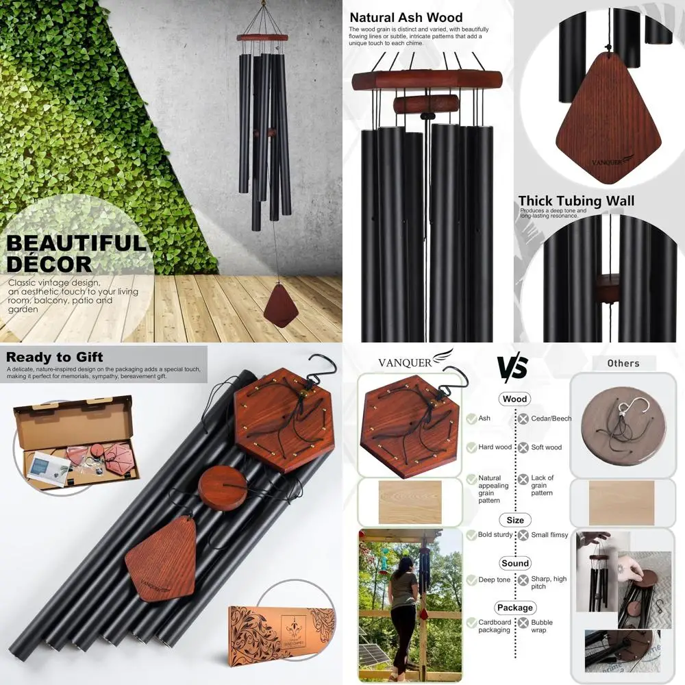 

46 Deep Tone Outdoor Wind Chimes - Large Vintage Black Ash Wood for Patio, Memorial, Sympathy Gifts, Home Decor