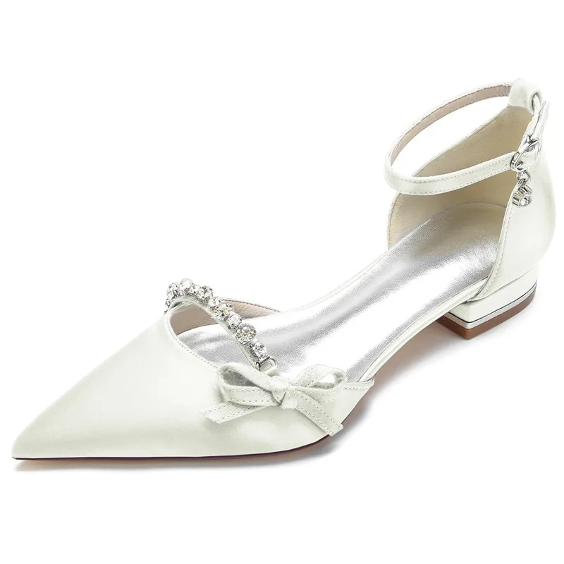 Satin Rhinestones Wedding Flats Shoes for Bride Pointed Toe Ankle Buckle Strap Formal Evening Bridal Party Shoes Flat Sandals