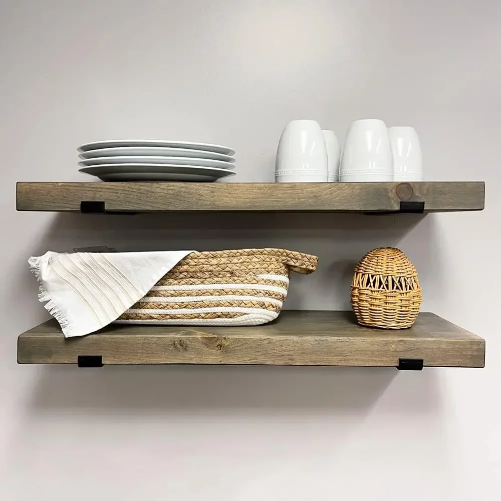 Rustic Shelves with J-Brackets Set of 2 Industrial Shelves Solid Wood Decorative Wall Storage Heavy Duty URBANDI Grey 48Wx12D