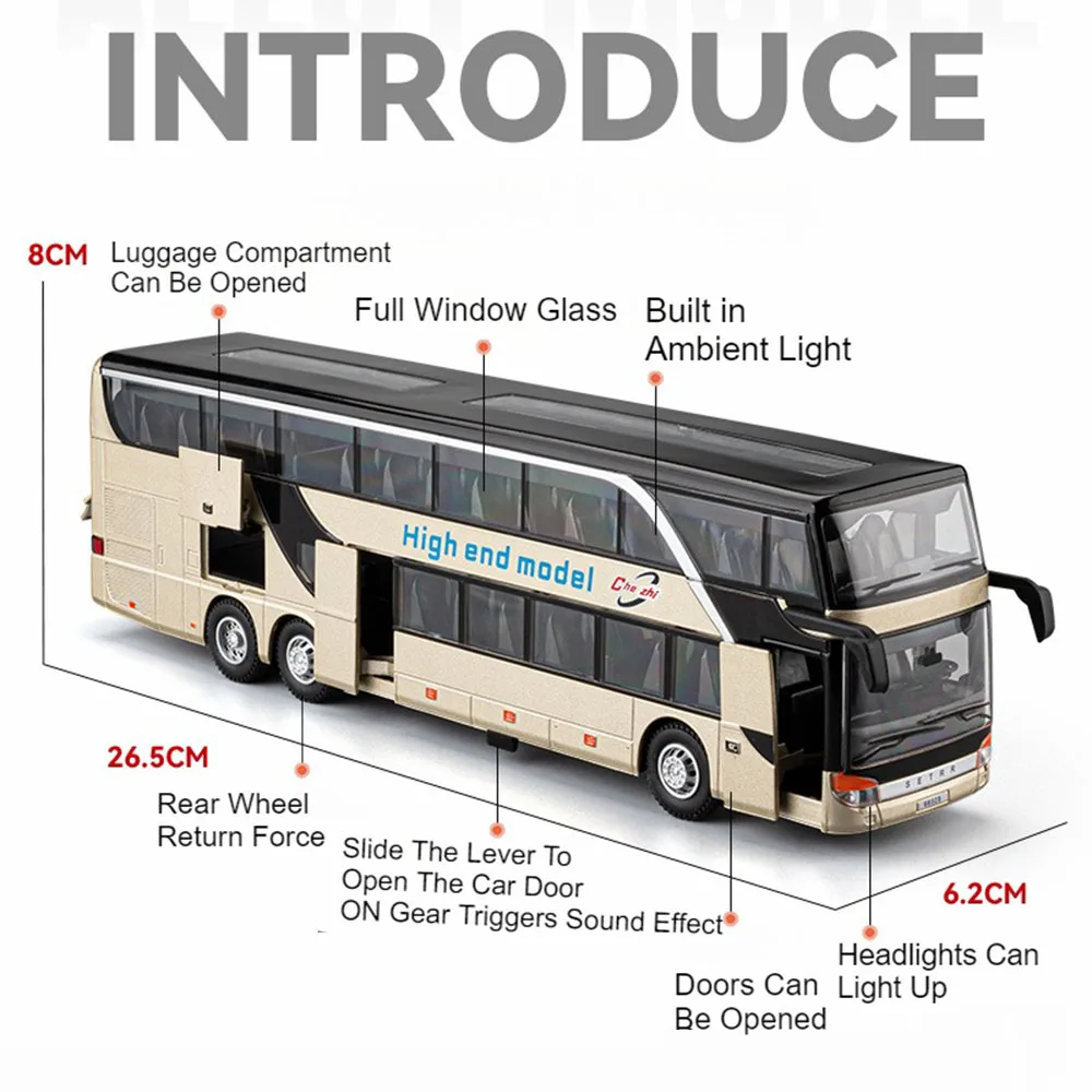 1:30 Scale Double-decker Business Bus Model Toy Car Long-distance Buses Sound Light Pull Back Models Toys Boys Christmas Gifts