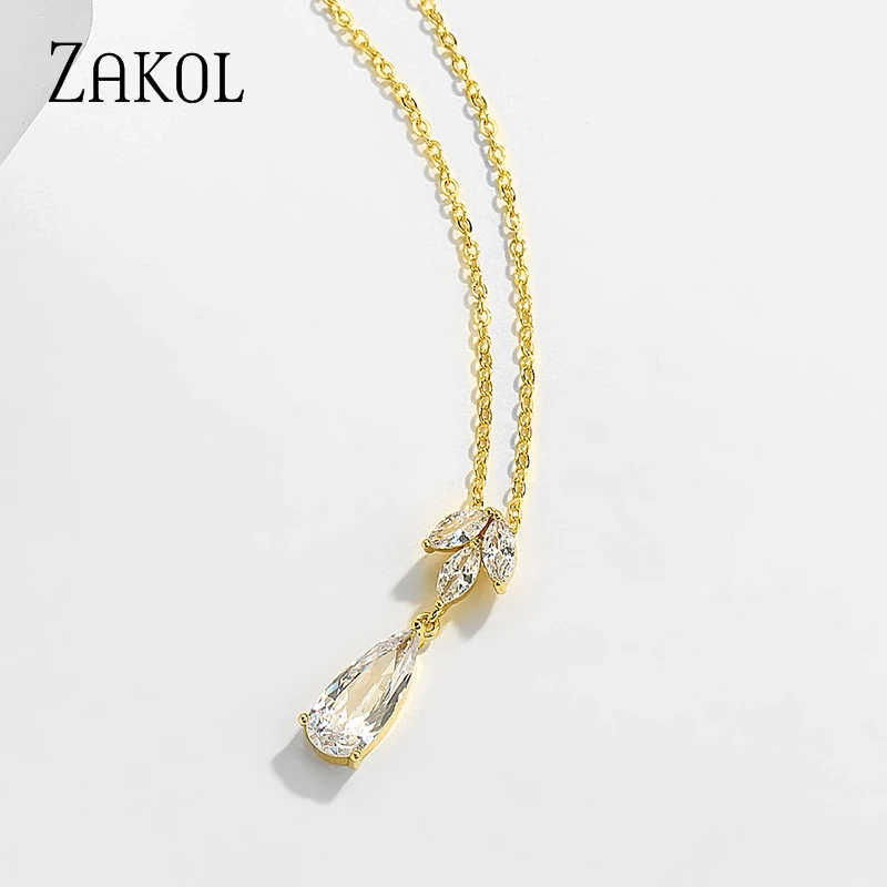 ZAKOL Shinny Water Drop Cubic Zirconia Pendants Necklace for Women Teardrop Crystal Clavicle Chain Bridal Wedding Party Jewelry