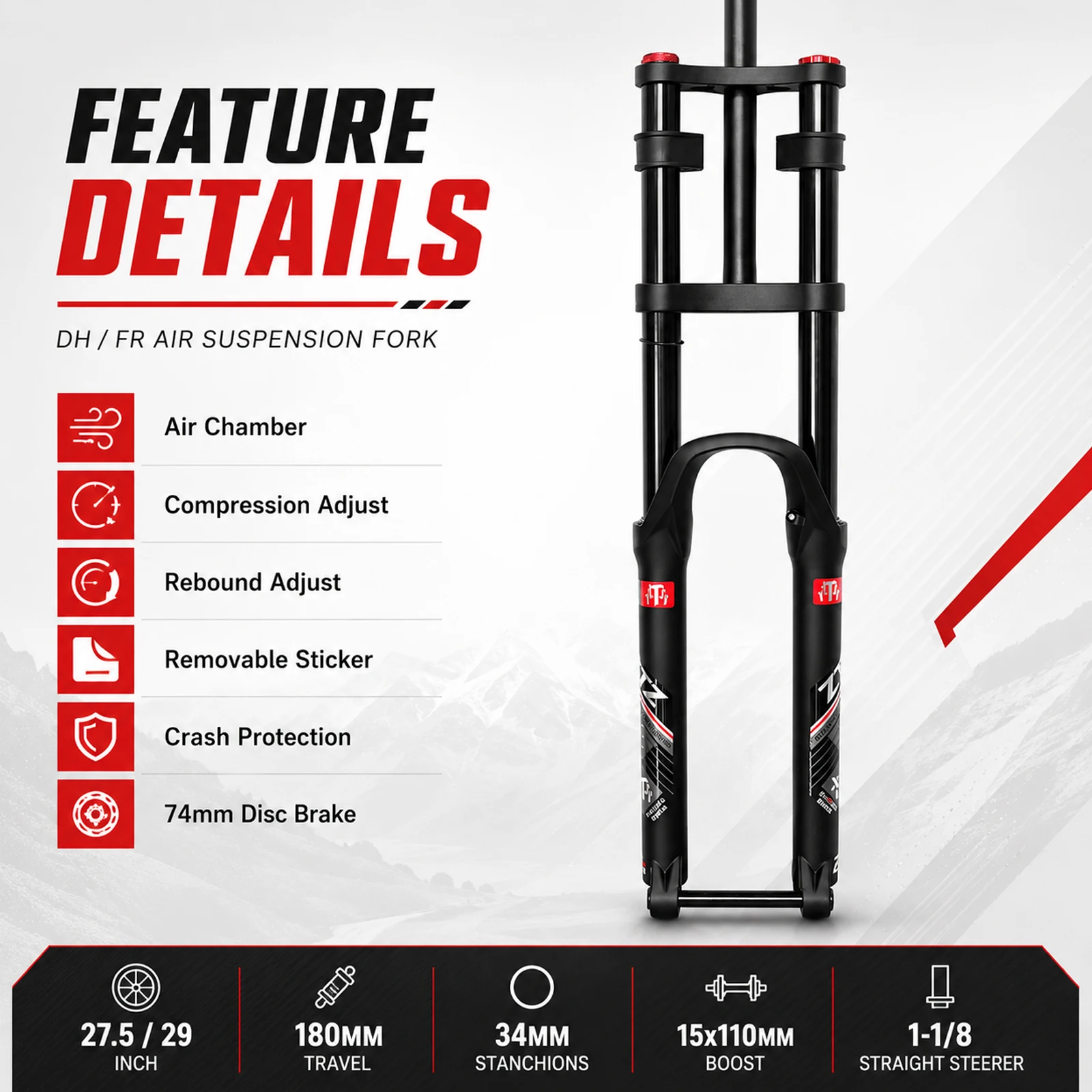 27.5/29 Inch Boost MTB Air Suspension Fork, 180mm Travel Downhill Front Fork with 15x110mm Thru Axle, 34mm Stanchions, Rebound Adjustment, 1-1/8 Straight Steerer for AM FR DH Bike