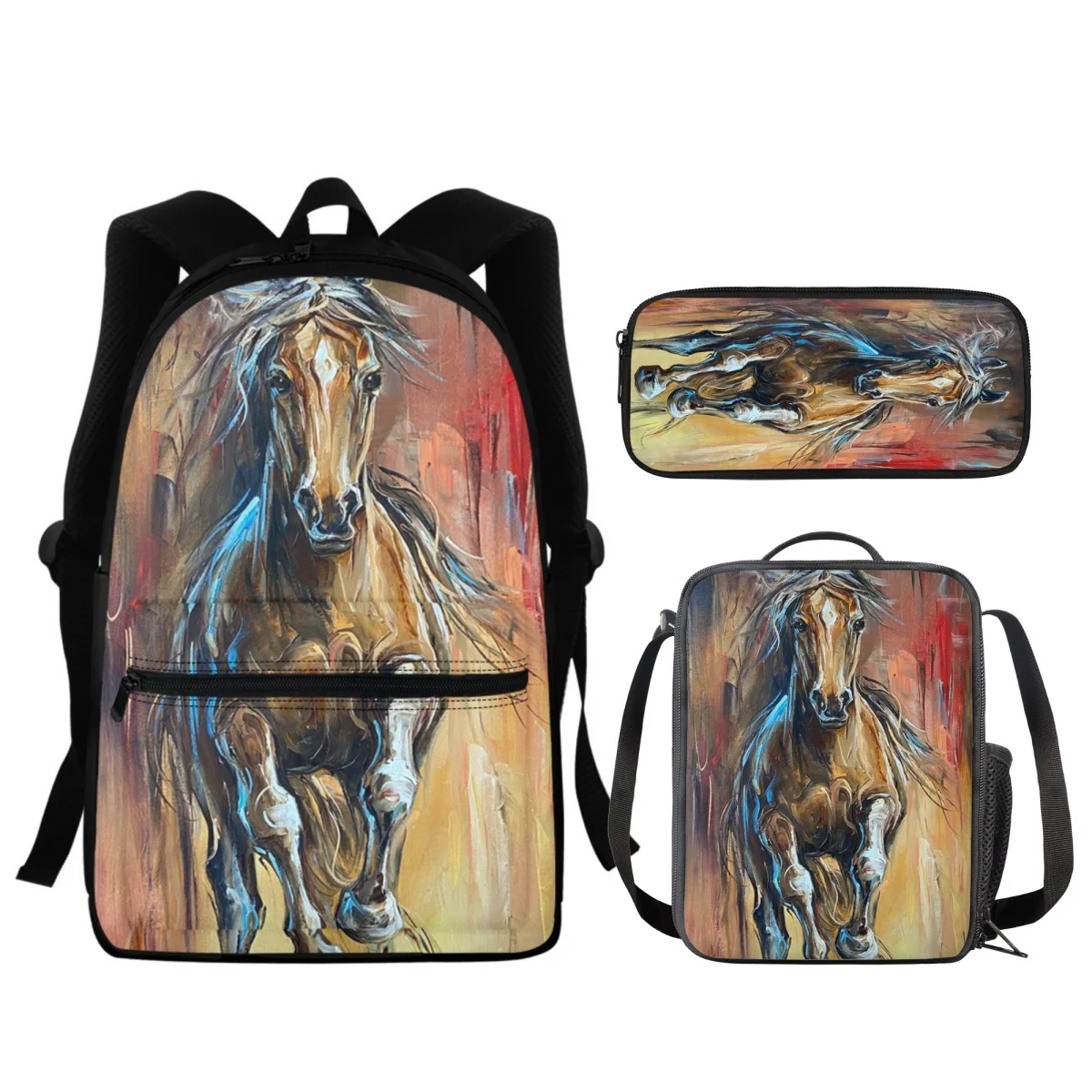 FORUDESIGNS Color Oil Painting Horse 3Pcs/Set Schoolbags Pencil Case School Supplies One Shoulder Fashionable Meal Bags Water