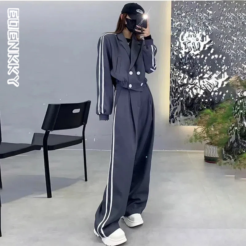 Spring Cropped Two-piece Suit Women Short Blazer Jacket +Loose Wide Leg Pants Ladies Joggers Casual Tracksuit Female Autumn New