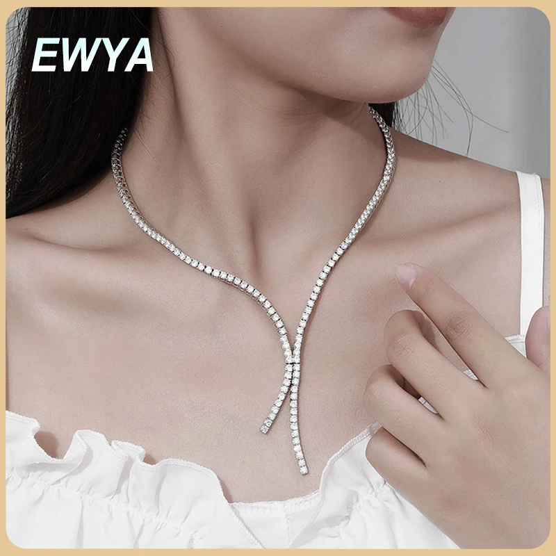 EWYA Luxury Real 3mm Full Moissanite Tassel Pendant Chain Necklace for Women 925 Sterling Silver Diamond Necklaces Fine Jewelry