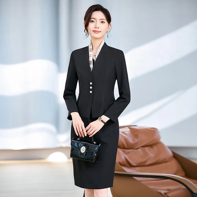 Navu moda cinza vestido terno feminino negócios temperamento manga longa fino blazer e vestidos escritório senhoras uniforme de trabalho estilo ol