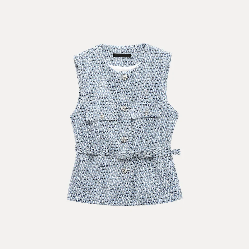 Faionable Weste mit Metallfarbstruktur, 2025, Frühjahr, neue Damenbekleidung mit passendem Gürtel, ZDATA-Polyesterfaser, 00 %