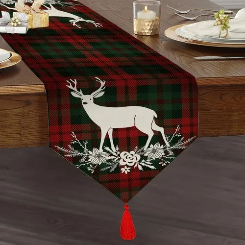 Realhomes Plaid Ground Christmas Deer Themed Digital Printed Tassels Chenille Triangle Runner