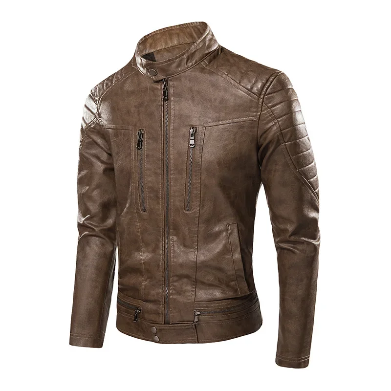 Veste en cuir PU à col montant pour hommes avec velours, manteau décontracté, chaud, automne, hiver