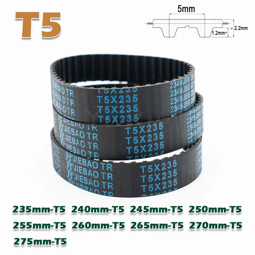 T5 Type Perimeter 235 240 245 250 255 260 265 270 275mm Closed Loop Rubber Timing Belt Width 6~40mm Transmission Drive Belt CNC