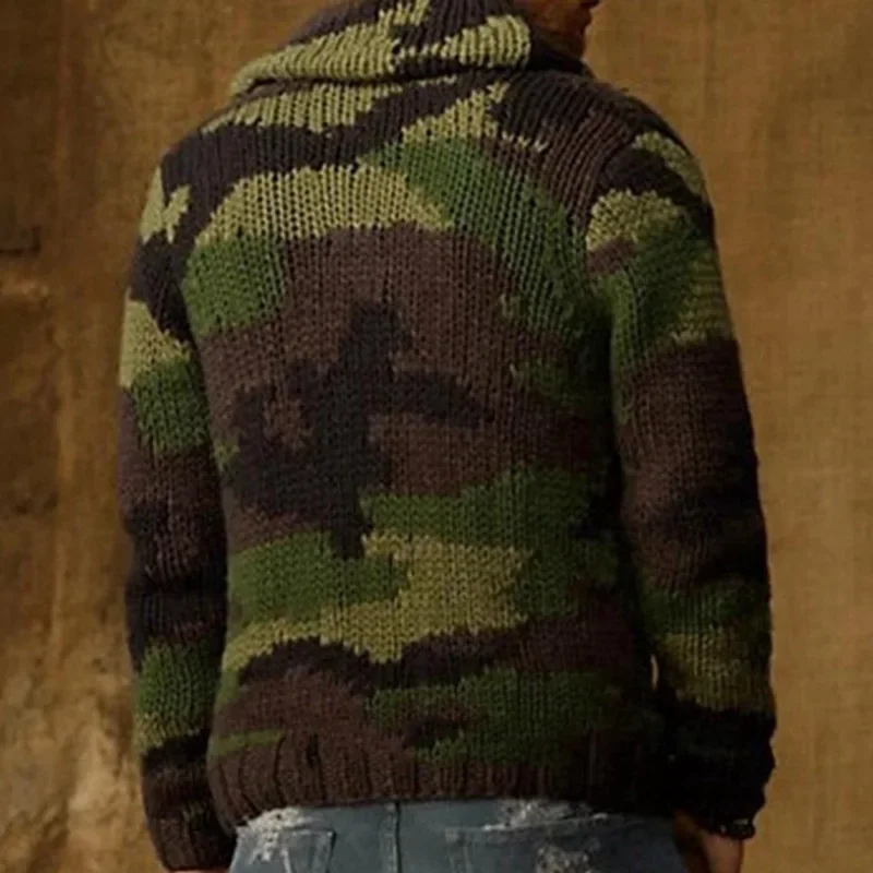 Pop Europe And The United States New Men's 2024 Fall And Winter Camouflage Casual Jacquard Sweater Lapel Slim Wool Woven Jacket